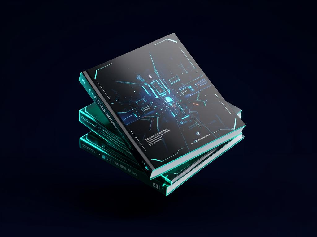 Stack of futuristic digital books glowing teal on a dark background