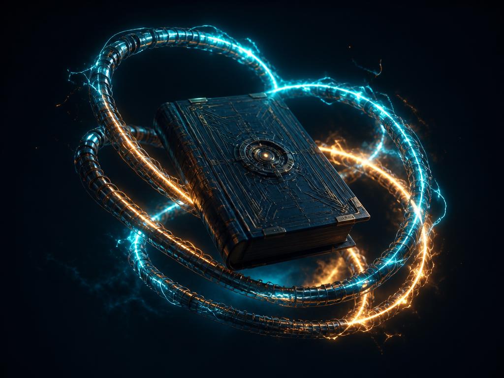 Glowing energy coils spiralling around a dark e-book on free energy